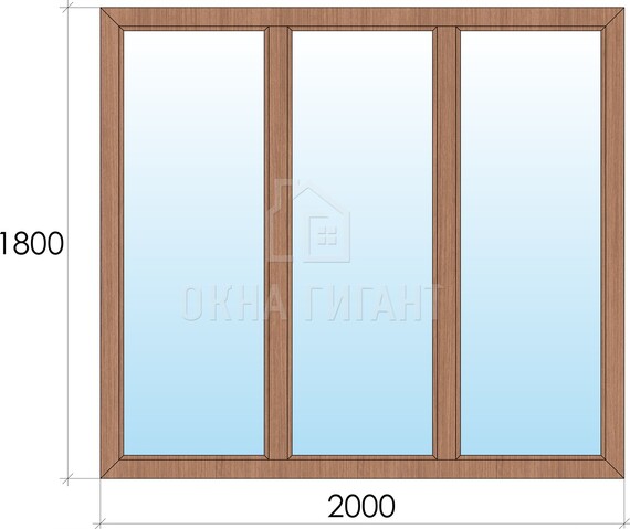 Трехстворчатое глухое деревянное окно из дуба Г-Г-Г 2000x1800