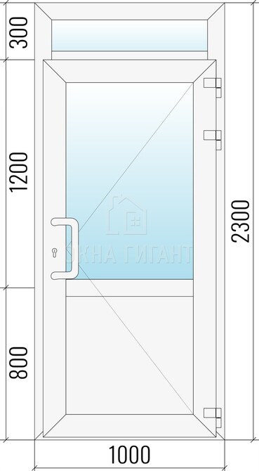 Входная  одностворчатая пластиковая дверь 1000x2300 с фрамугой и стеклом