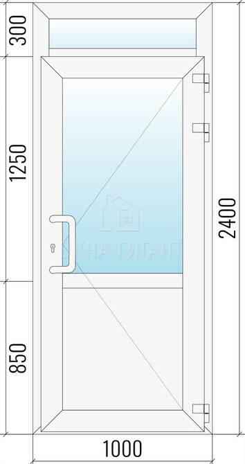 Входная  одностворчатая пластиковая дверь 1000x2400 с фрамугой и стеклом