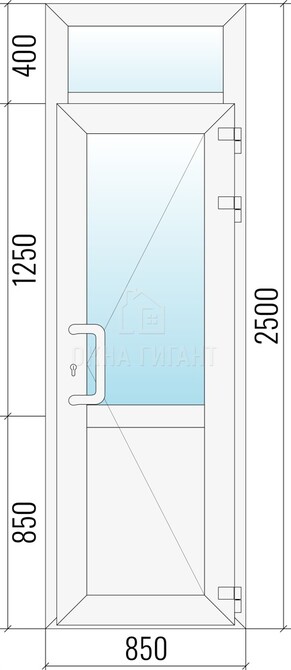 Входная  одностворчатая пластиковая дверь 850x2500 с фрамугой и стеклом