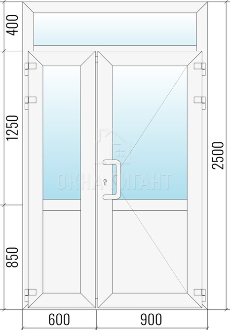 Входная  полуторная пластиковая дверь 1500x2500 с фрамугой и стеклом